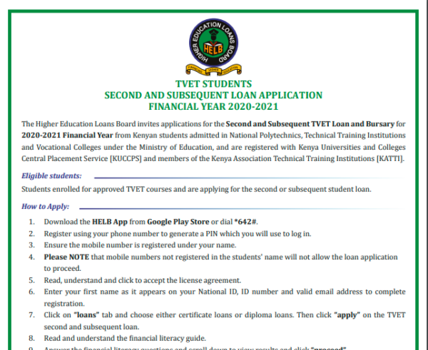 TVET students second and sub sequent Helb loan application financial year 2020-2021