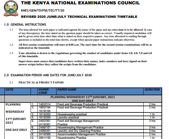 Technical examinations KNEC timetable 2021