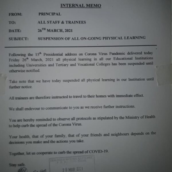 Suspension of physical learning TVETs, colleges and all tertiary institutions