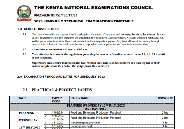 July 2023 KNEC TECHNICAL AND BUSINESS EXAMS timetable TVETS.