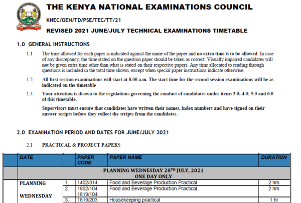 July 2021 KNEC timetable for TVETs and colleges for 2021 TECHNICAL AND BUSINESS EXAMS.