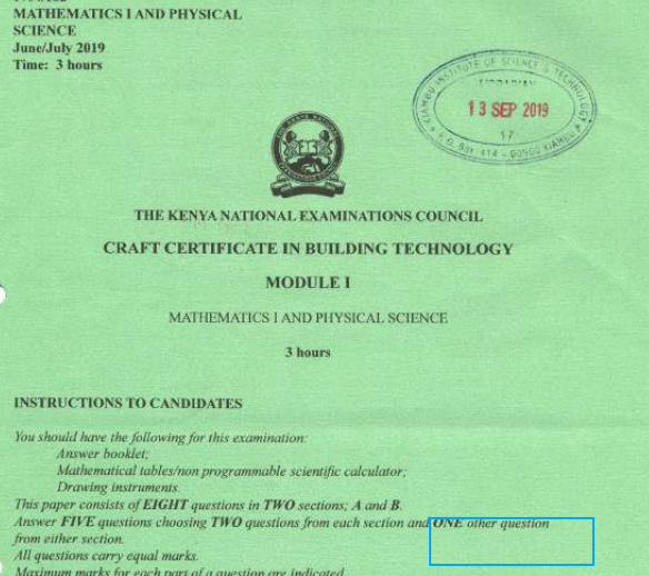 Certificate in building and technology module 1 KNEC past papers