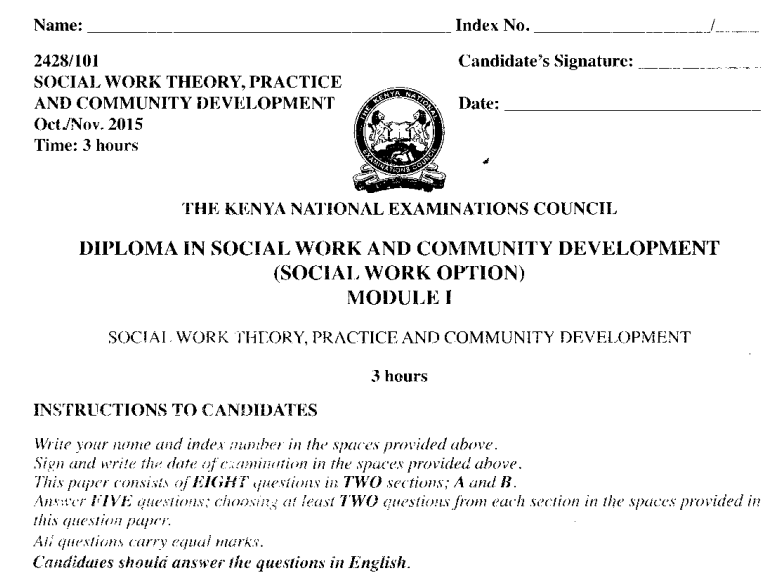 Diploma in social work and community development module 1 KNEC past