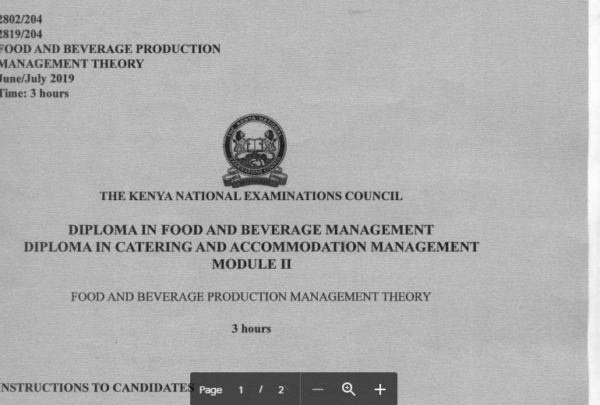 Diploma in food and beverage management module 2 KNEC past papers