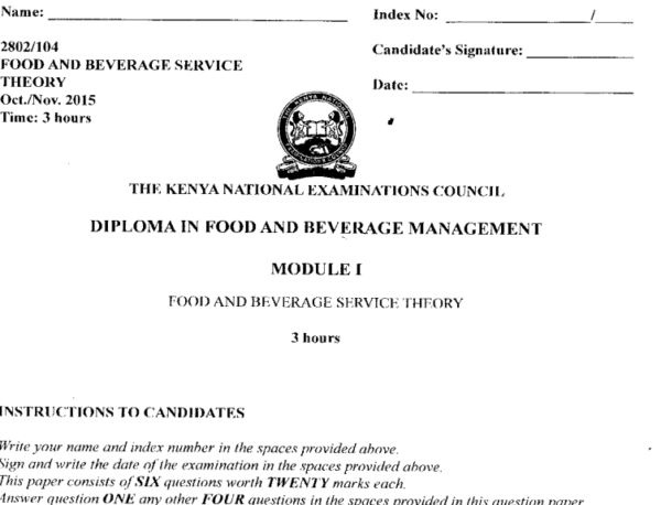 Diploma in food and beverage management module 1 KNEC past papers