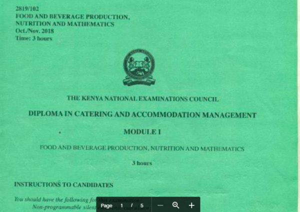 Diploma in catering and accommodation module 1KNEC past papers