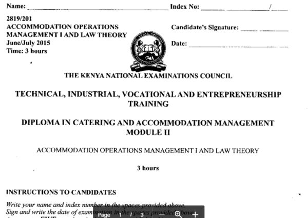 Diploma in catering and accommodation module 2 KNEC past papers