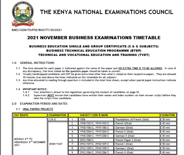 November 2021 KNEC business exam Timetable TVETs And Colleges.