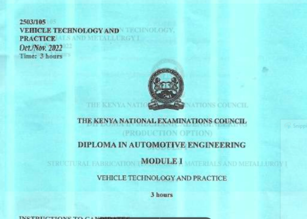 Diploma in automotive engineering module 3 KNEC past papers