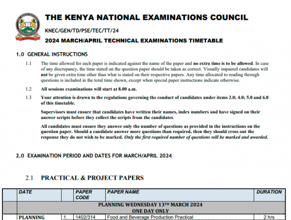 2024 KNEC TECHNICAL & BUSINESS Timetable TVETS colleges.
